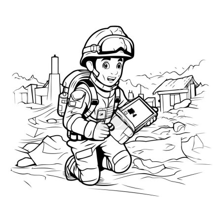 Téléchargez les illustrations : Pompier armé. Illustration vectorielle noir et blanc pour livre à colorier - en licence libre de droit