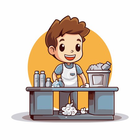 Illustration for Man cleaning table with garbage cartoon icon. Cleaning service and hygiene theme. Colorful design. Vector illustration - Royalty Free Image