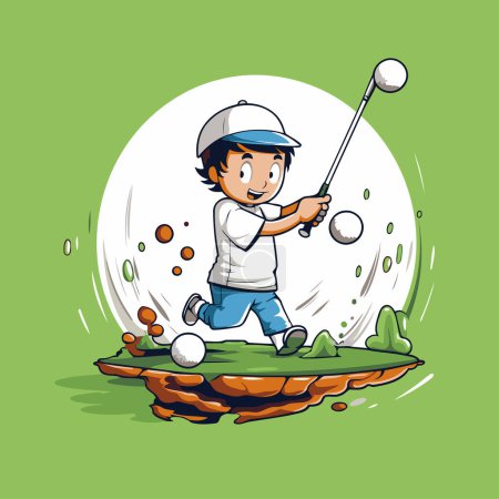 Téléchargez les illustrations : Illustration d'un garçon jouant au golf sur un terrain de golf. illustration vectorielle. - en licence libre de droit