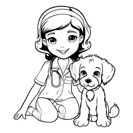 Illustration for Cute little girl with dog cartoon vector illustration graphic design in black and white - Royalty Free Image