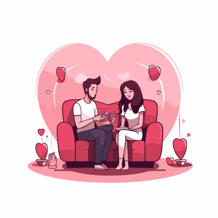 Ilustración de Pareja romántica sentada en el sofá. Ilustración vectorial en estilo de dibujos animados - Imagen libre de derechos
