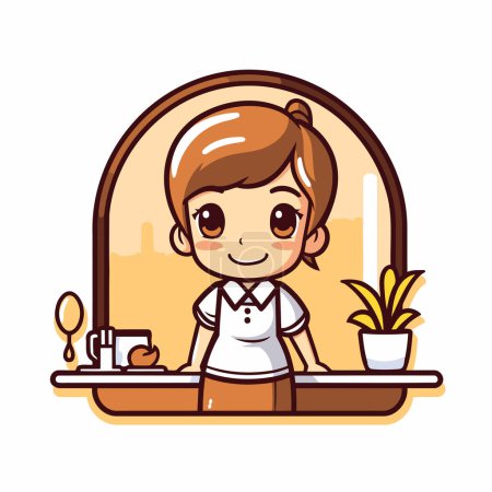 Téléchargez les illustrations : Serveuse de dessin animé mignonne dans un café. Illustration vectorielle d'un restaurant. - en licence libre de droit