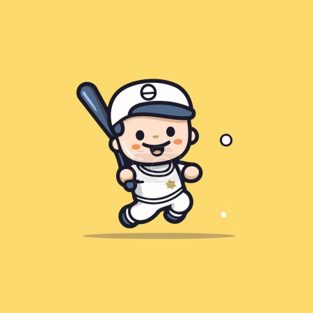 Téléchargez les illustrations : Conception vectorielle de mascotte de joueur de baseball mignon dessin animé. Conception de caractère de mascotte - en licence libre de droit