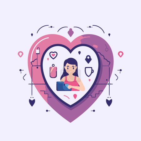 Téléchargez les illustrations : Illustration vectorielle d'une femme avec un ordinateur portable en forme de cœur - en licence libre de droit