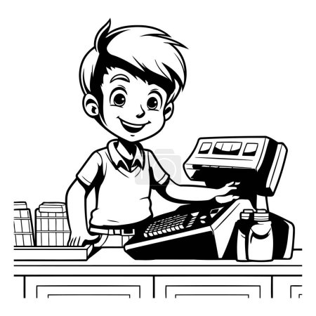 Téléchargez les illustrations : Dessin animé garçon jouant à des jeux informatiques. illustration vectorielle noir et blanc. - en licence libre de droit