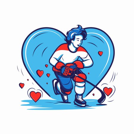 Illustration for Hockey player with stick and puck in heart shape vector illustration. - Royalty Free Image