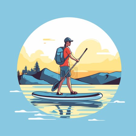 Illustration for Man on a stand up paddle board. Vector illustration in flat style - Royalty Free Image