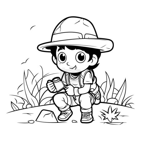 Téléchargez les illustrations : Mignon petit garçon explorateur en chapeau safari avec jumelles - en licence libre de droit