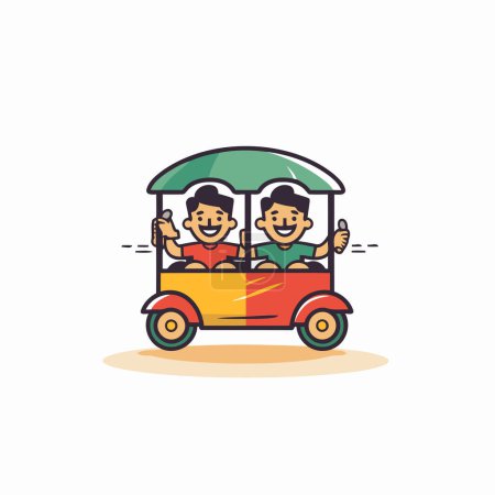 Ilustración de Pareja montando un coche tuk tuk con los pulgares arriba. Ilustración vectorial. - Imagen libre de derechos