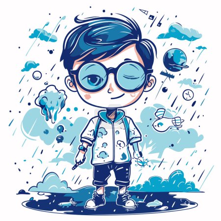 Ilustración de Lindo niño en gafas de pie bajo la lluvia. Ilustración vectorial. - Imagen libre de derechos