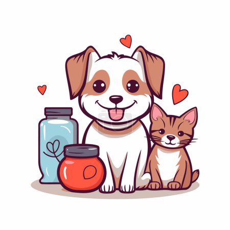 Téléchargez les illustrations : Mignon chien dessin animé avec un chat et un pot de nourriture. - en licence libre de droit