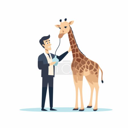 Téléchargez les illustrations : Homme d'affaires et girafe. Illustration vectorielle plate isolée sur fond blanc. - en licence libre de droit