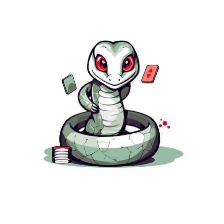 Téléchargez les illustrations : Mignon serpent de dessin animé jouant au poker. Illustration vectorielle sur fond blanc. - en licence libre de droit