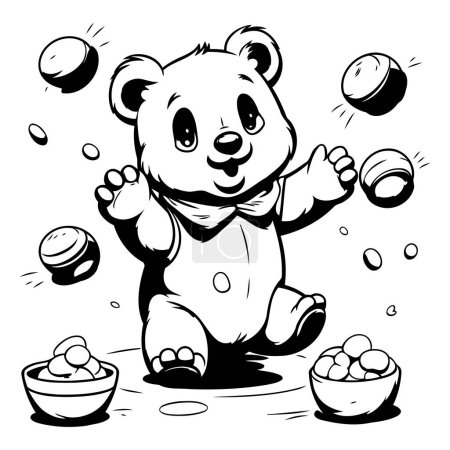 Téléchargez les illustrations : Ours polaire jonglant avec les balles. Illustration vectorielle noir et blanc pour livre à colorier. - en licence libre de droit