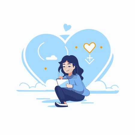 Ilustración de Ilustración vectorial de una niña sentada en el suelo con un cuaderno en las manos. rodeado de corazones. Diseño de estilo plano. - Imagen libre de derechos