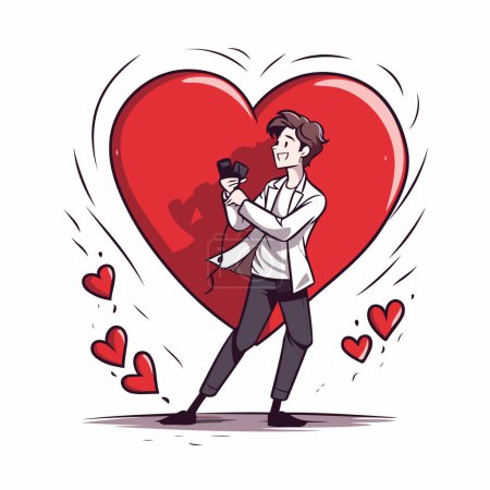 Téléchargez les illustrations : Illustration vectorielle d'un homme tenant un microphone devant un cœur - en licence libre de droit