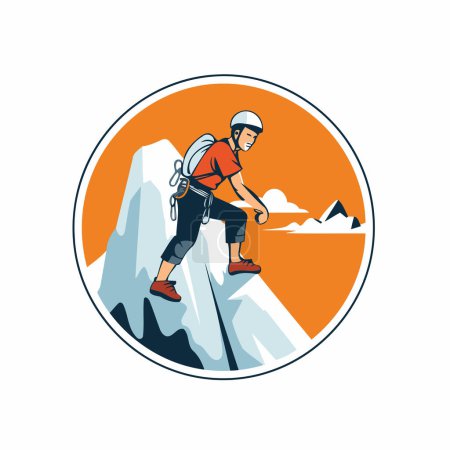 Ilustración de Ilustración vectorial de un montañista escalando en un pico de montaña. - Imagen libre de derechos