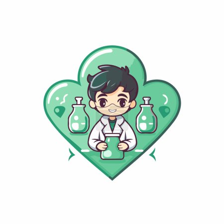 Illustration for Cute boy scientist holding test tube in heart shape. Vector illustration. - Royalty Free Image