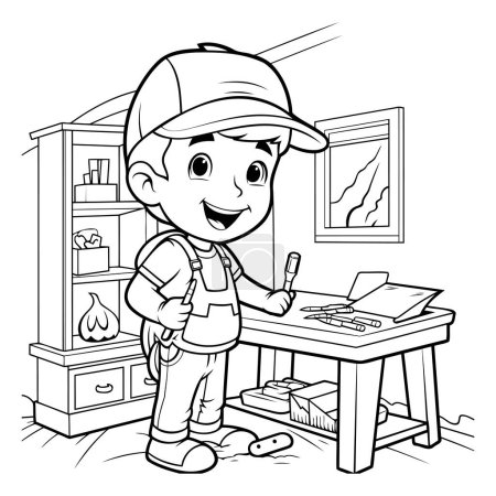 Illustration for Black and White Cartoon Illustration of Kid Boy Repairing Furniture or Interior at Home Coloring Book - Royalty Free Image