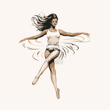 Téléchargez les illustrations : Belle fille en robe blanche danse ballet. Illustration vectorielle dessinée main. - en licence libre de droit