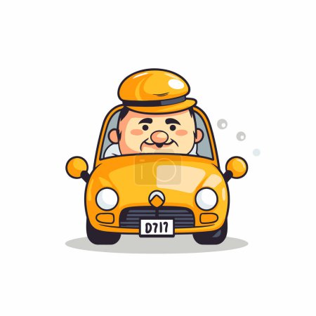 Téléchargez les illustrations : Un chauffeur de taxi avec voiture jaune. Illustration vectorielle dessin animé mignon. - en licence libre de droit