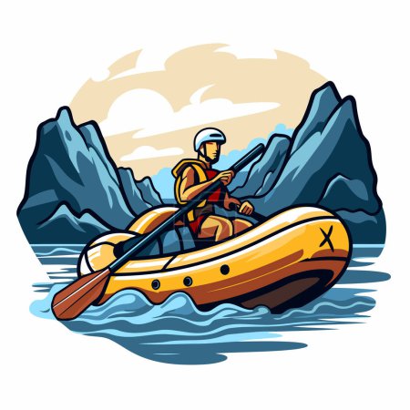 Illustration for Kayaking in the mountains. Vector illustration of a man in a kayak. - Royalty Free Image