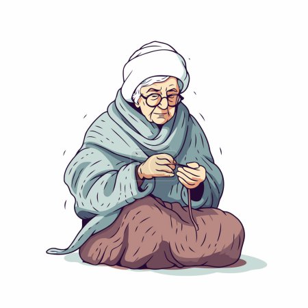 Ilustración de Una anciana tejiendo. Aislado sobre fondo blanco. Ilustración vectorial. - Imagen libre de derechos