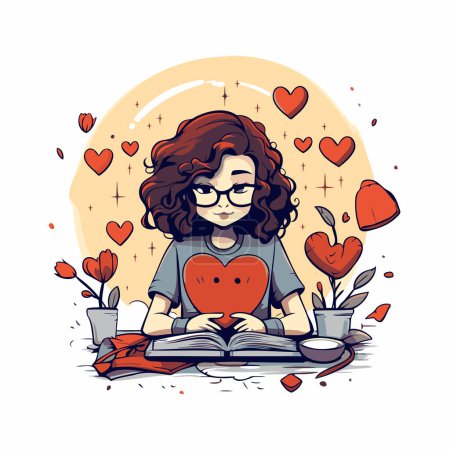 Ilustración de Ilustración vectorial de una niña leyendo un libro con corazones a su alrededor. - Imagen libre de derechos