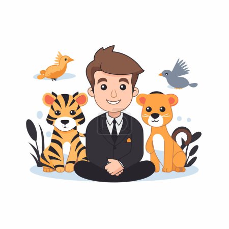 Ilustración de Ilustración vectorial de un hombre de negocios en un traje de trabajo sentado con un grupo de animales. - Imagen libre de derechos