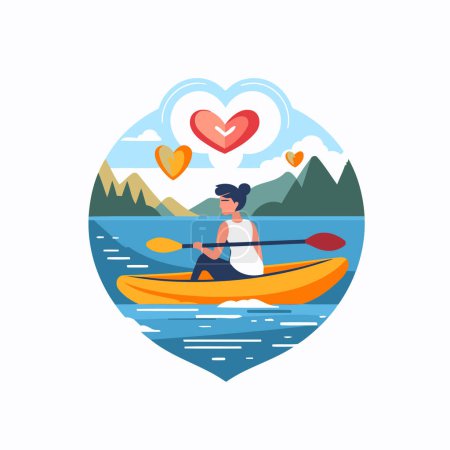 Illustration for Young man in a kayak with a heart in his hand. Vector illustration. - Royalty Free Image