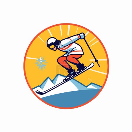 Ilustración de Snowboarder saltando en las montañas. Ilustración vectorial en estilo retro - Imagen libre de derechos