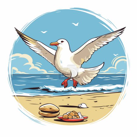 Téléchargez les illustrations : Mouette avec de la nourriture sur la plage. Illustration vectorielle dans le style dessin animé. - en licence libre de droit