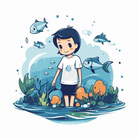 Téléchargez les illustrations : Mignon petit garçon nageant dans la mer avec des poissons. Illustration vectorielle. - en licence libre de droit