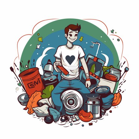 Illustration for Vector illustration of a young man with a paint roller in his hand. - Royalty Free Image