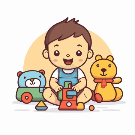 Téléchargez les illustrations : Joli petit garçon jouant avec des jouets. Illustration vectorielle dans le style dessin animé. - en licence libre de droit
