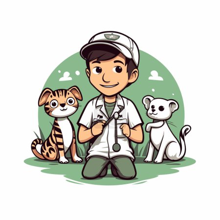 Illustration for Veterinarian with dog and cat. Vector illustration on white background. - Royalty Free Image