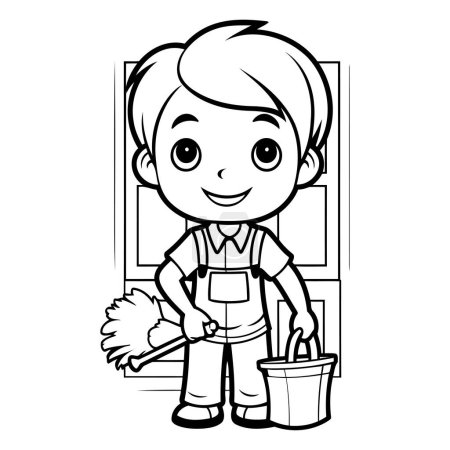 Téléchargez les illustrations : Garçon de nettoyage avec serpillière et seau - Illustration de bande dessinée noir et blanc - en licence libre de droit