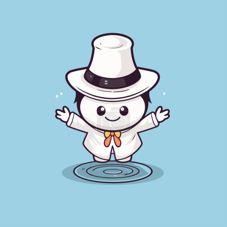 Illustration for Cute cartoon man in white hat and tie jumping in puddle - Royalty Free Image