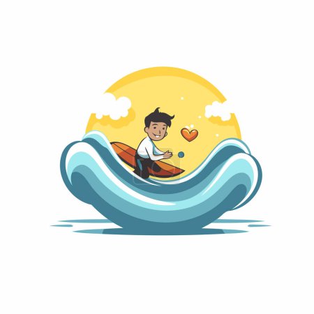 Ilustración de Chico montando en una tabla de surf en el mar. Ilustración vectorial. - Imagen libre de derechos