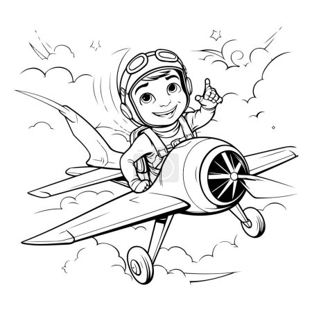 Téléchargez les illustrations : Illustration vectorielle d'un garçon pilote dans un avion. Livre à colorier pour enfants. - en licence libre de droit