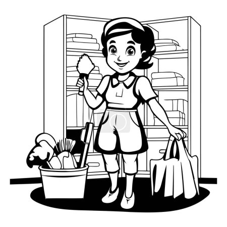 Téléchargez les illustrations : Femme au foyer avec des produits de nettoyage dessin animé en noir et blanc vectoriel illustration conception graphique - en licence libre de droit