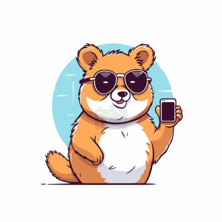 Ilustración de Lindo perro en gafas de sol con un teléfono en la mano. Ilustración vectorial. - Imagen libre de derechos