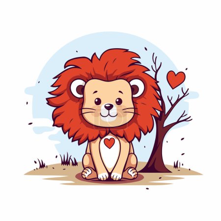 Ilustración de Lindo león de dibujos animados sentado en la hierba con corazones. Ilustración vectorial. - Imagen libre de derechos