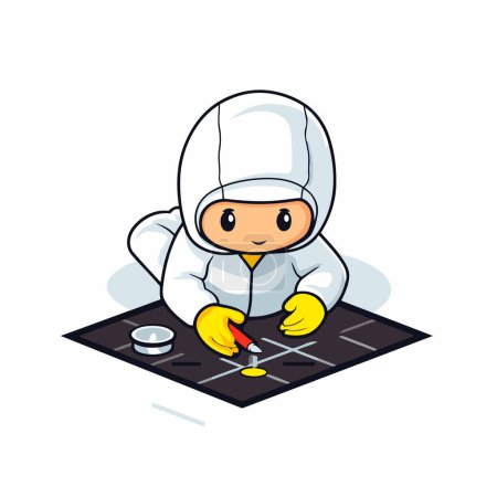 Illustration for Cute little boy in a white protective suit playing chess. Vector illustration. - Royalty Free Image