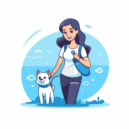 Téléchargez les illustrations : Jeune femme promenant avec un chien dans le parc. Illustration vectorielle plate. - en licence libre de droit