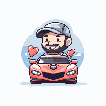 Illustration for Cute cartoon man driving a car with love. vector illustration. - Royalty Free Image
