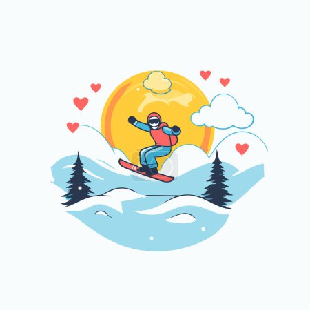Téléchargez les illustrations : Snowboarder sur fond de soleil et de montagnes. Illustration vectorielle - en licence libre de droit