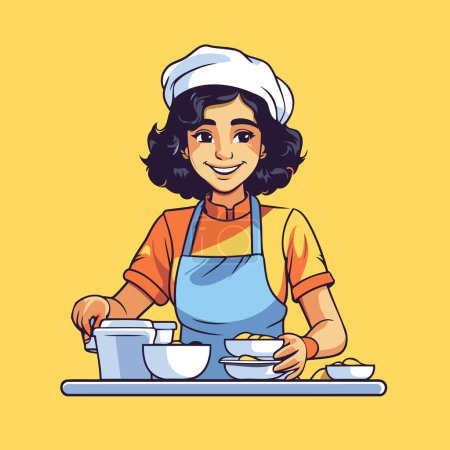 Illustration for Chef woman cooking food. Vector illustration in flat cartoon style. - Royalty Free Image