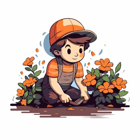 Téléchargez les illustrations : Illustration vectorielle d'un garçon travaillant dans le jardin. Cartoon style. - en licence libre de droit
