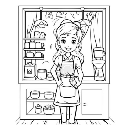 Téléchargez les illustrations : Jolie fille de dessin animé dans le tablier se tient dans la cuisine. Livre à colorier pour enfants. - en licence libre de droit